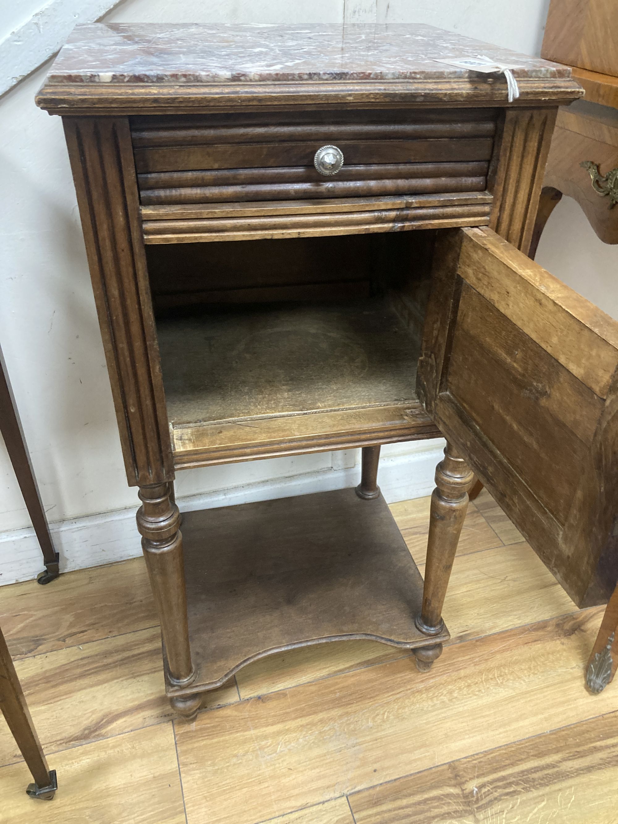 A late 19th century French marble top bedside cabinet, width 40cm, depth 35cm, height 78cm